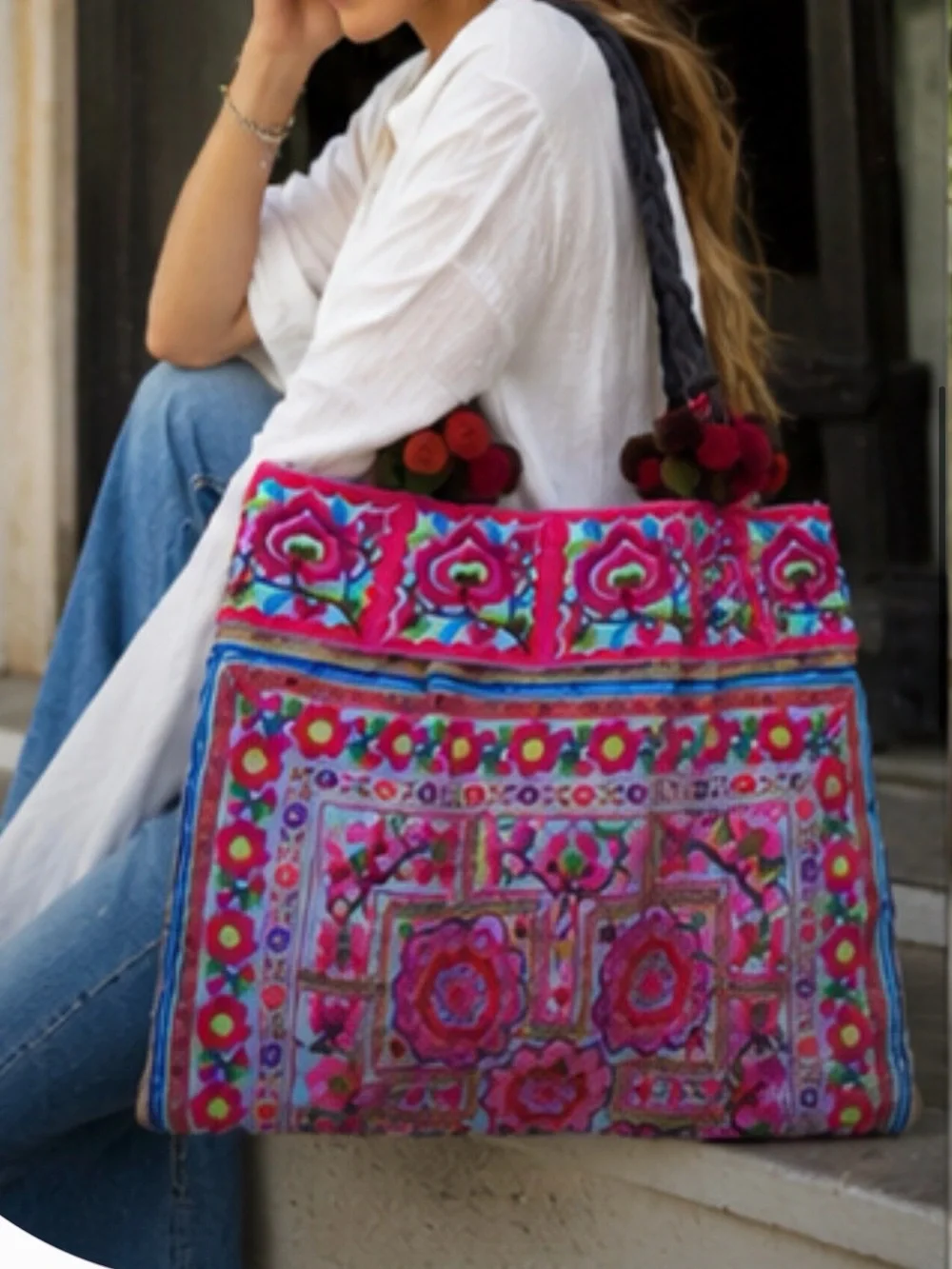 Expressions NYC Boho Embroidered Pom Pom Tote Bag